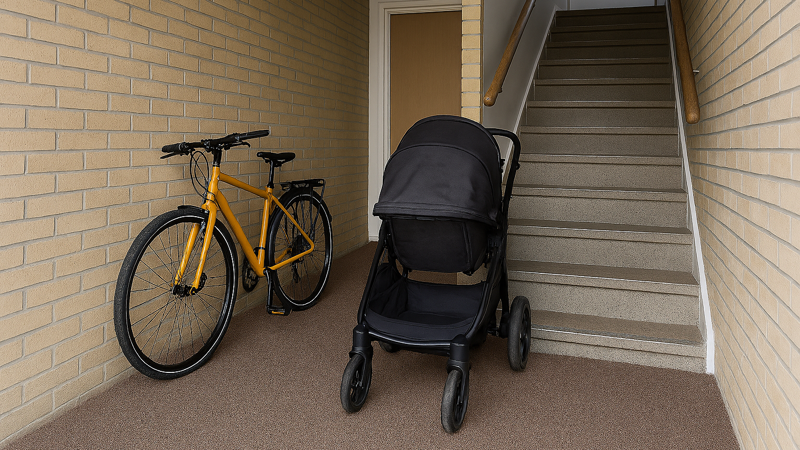 A picture of a bike and pushchair in a communal area